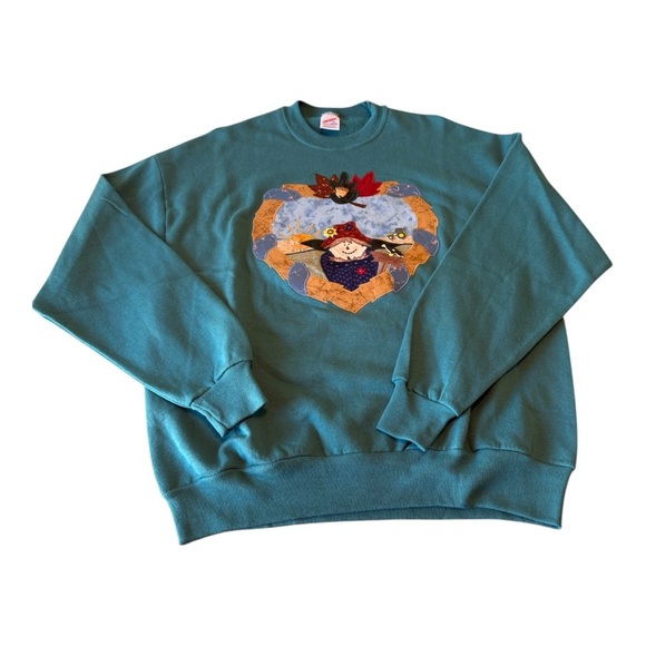 Vintage 80s Autumn Applique Sweatshirt Womens XL Scarecrow Pumpkin Granny Core - Picture 3 of 9